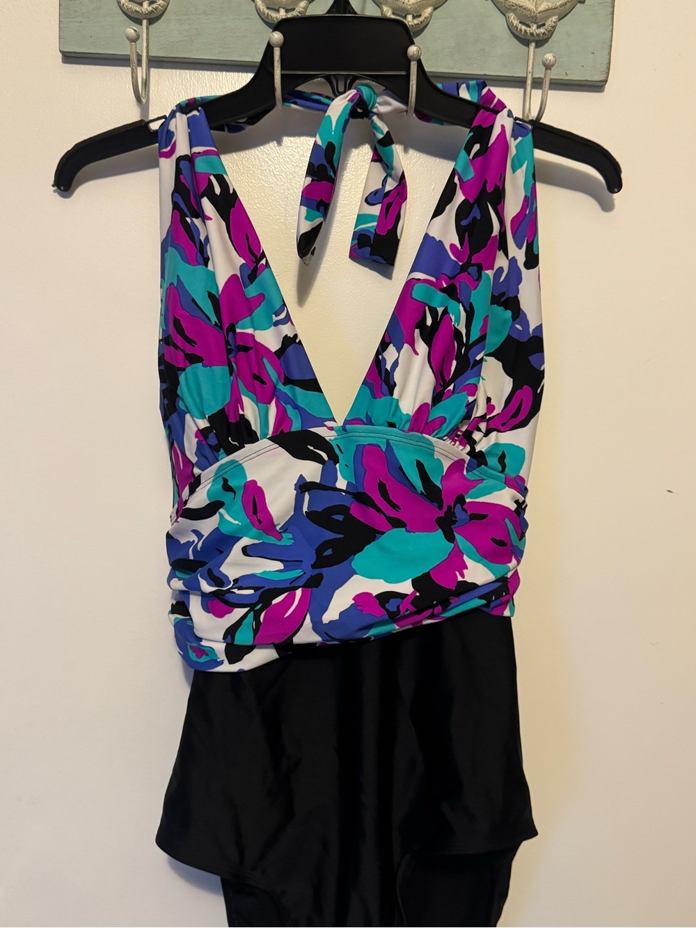 Halter Floral One-Piece Swimsuit in Teal, Purple & Black